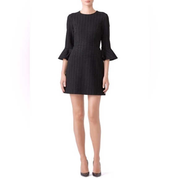Saylor Black Constance Pinstriped Crewneck Dress w/ 3/4” Ruffled Bell Sleeves, M - Picture 1 of 15